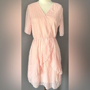 BTFBM Pink Rose Boho Ruffle Dress V-Neck Flared Sleeve Dotted, New